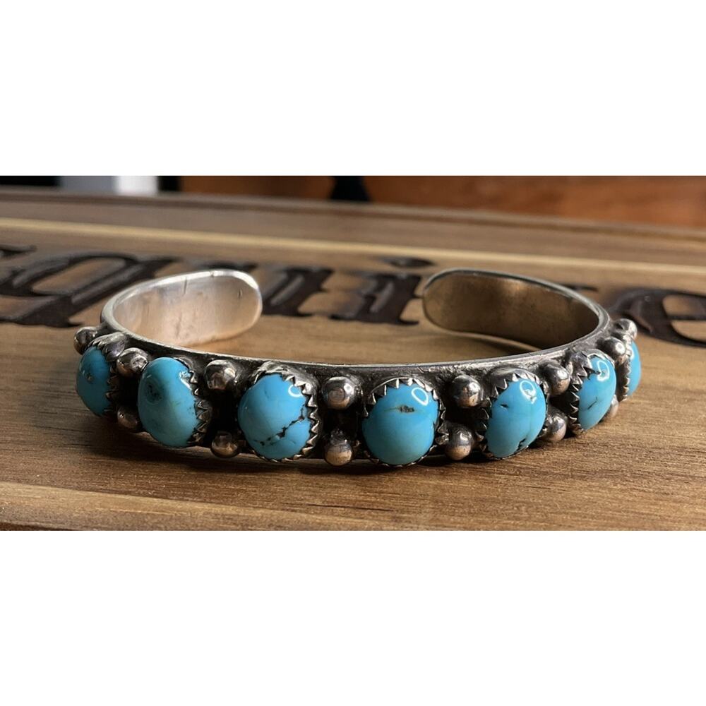 Sterling Silver Turquoise Cluster Cuff Bracelet Southwestern Native Style 925 - Picture 2 of 6